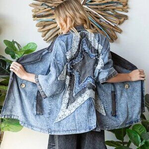 091 Oli & Hali Star Patch Tencel Short Sleeve Blazer Jacket NWOT Size Large